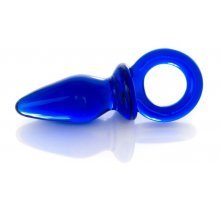 Синяя анальная пробка из стекла с ручкой-кольцом - 7 см