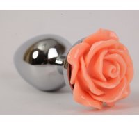 Серебристая анальная пробка с оранжевой розой - 9 см
