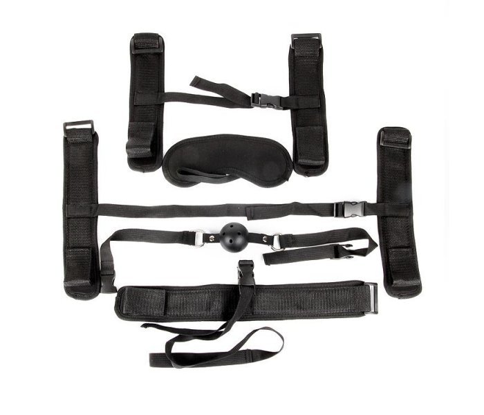 Пикантный черный текстильный набор БДСМ: наручники, оковы, ошейник с поводком, кляп, маска